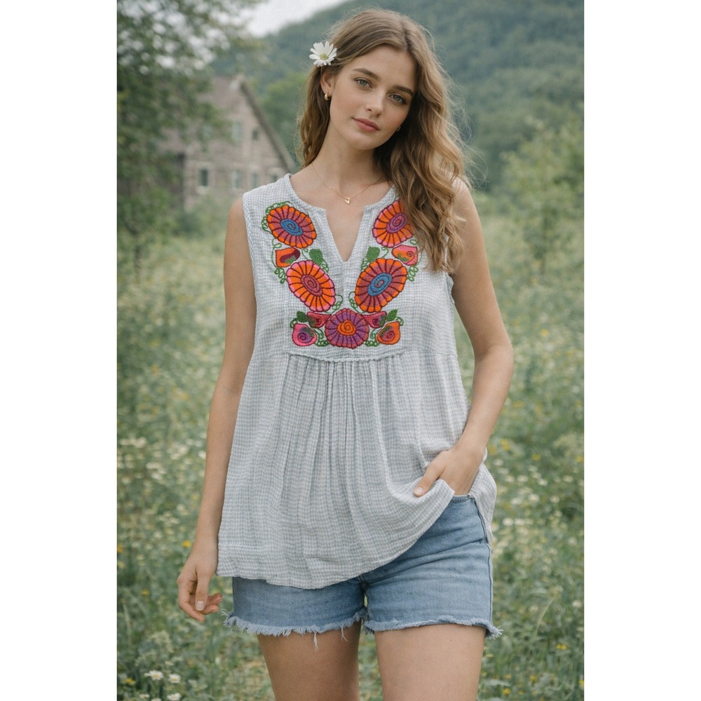 Ivy Jane Boho Fairy Embroidered Gingham Blouse XS Floral Sleeveless Top